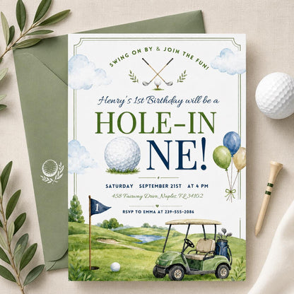 Editable Hole in One  Invitation Golf First Birthday Par-tee Golf Invite Boy Golfing, Golf First Birthday Par-tee, Golf Birthday Invite __etsy:8032391616