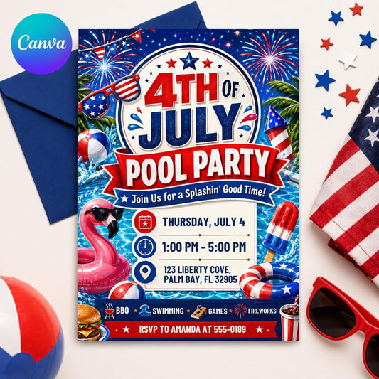 Editable Independence Day Pool Party Patriotic, 4Th Of July Pool Party Invitation, BBQ Editable Canva Template, Summer Party Invitation __etsy:8072093274
