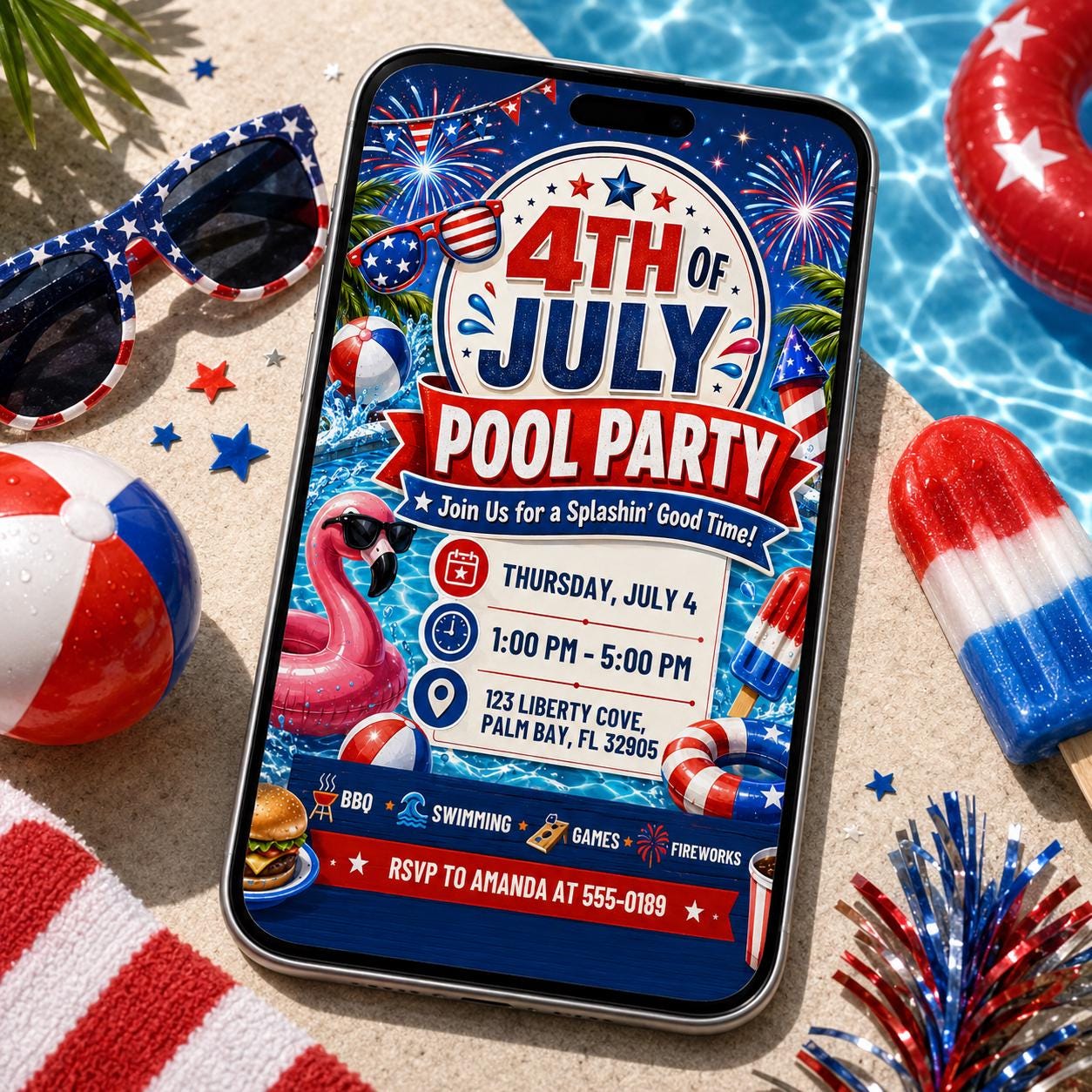 Editable Independence Day Pool Party Patriotic, 4Th Of July Pool Party Invitation, BBQ Editable Canva Template, Summer Party Invitation __etsy:8120014153