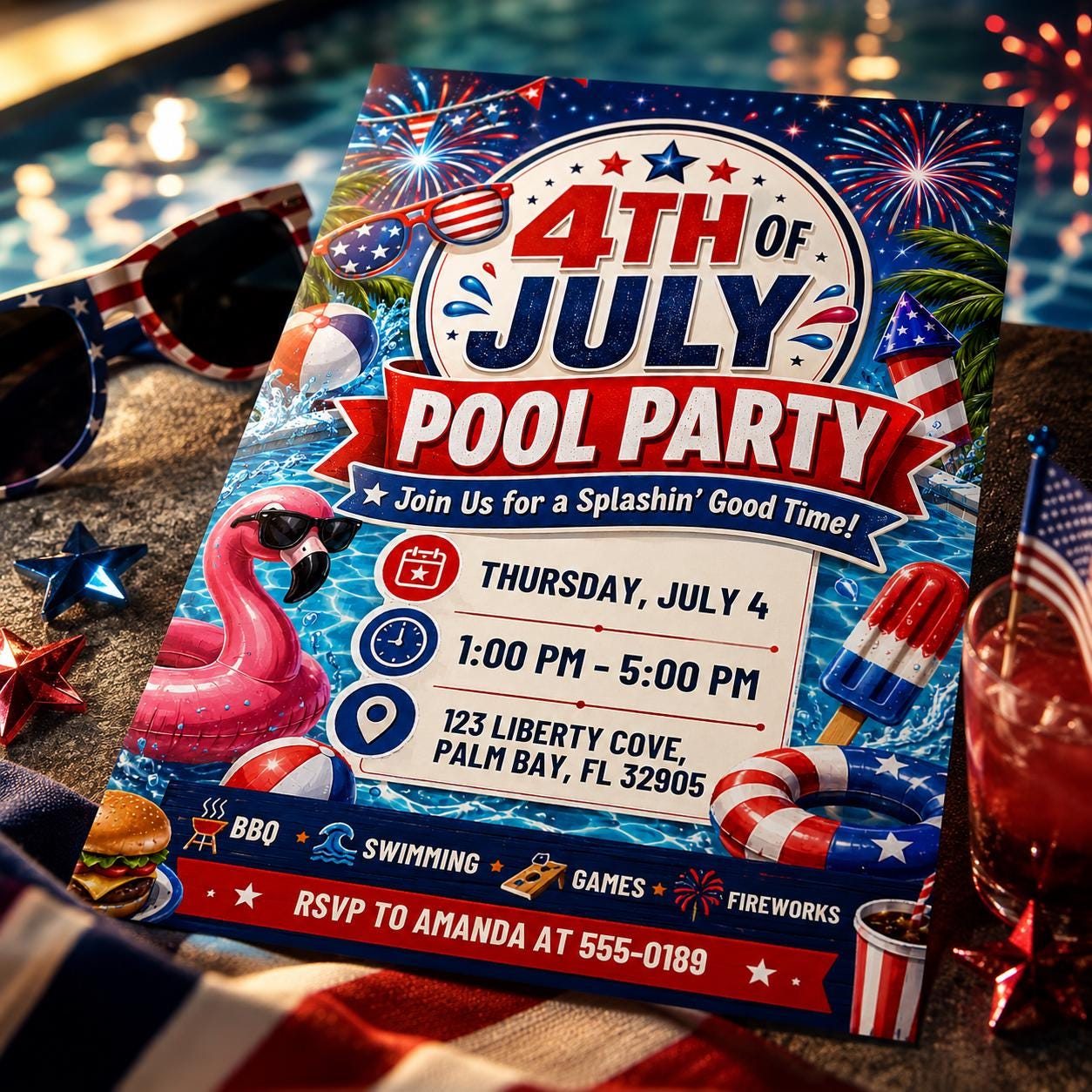 Editable Independence Day Pool Party Patriotic, 4Th Of July Pool Party Invitation, BBQ Editable Canva Template, Summer Party Invitation __etsy:8120014173
