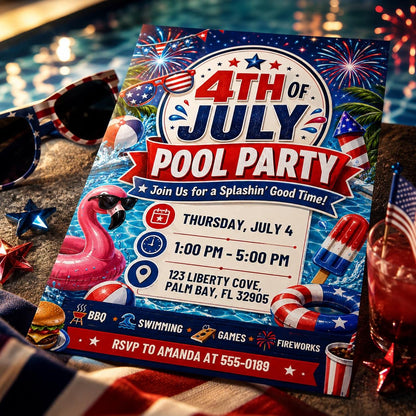 Editable Independence Day Pool Party Patriotic, 4Th Of July Pool Party Invitation, BBQ Editable Canva Template, Summer Party Invitation __etsy:8120014173