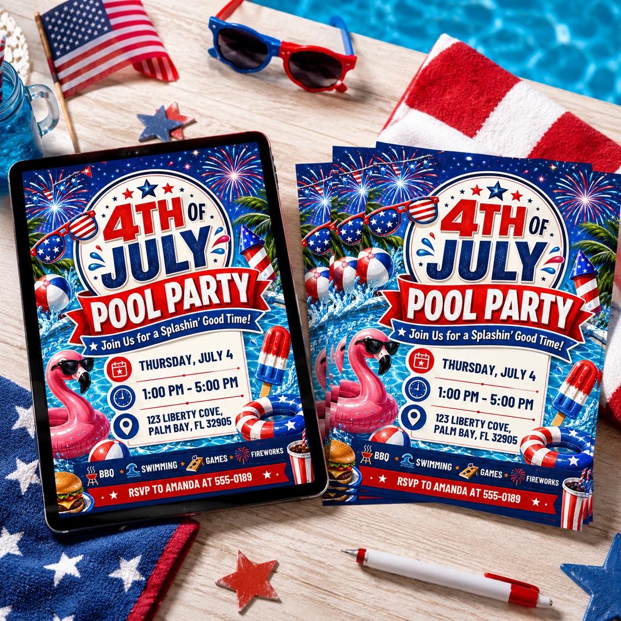 Editable Independence Day Pool Party Patriotic, 4Th Of July Pool Party Invitation, BBQ Editable Canva Template, Summer Party Invitation __etsy:8120014185