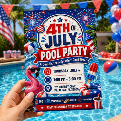 Editable Independence Day Pool Party Patriotic, 4Th Of July Pool Party Invitation, BBQ Editable Canva Template, Summer Party Invitation __etsy:8120014181