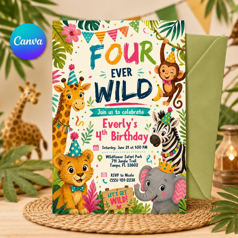 Colorful Neon Jungle Safari 4th invitation for Girls