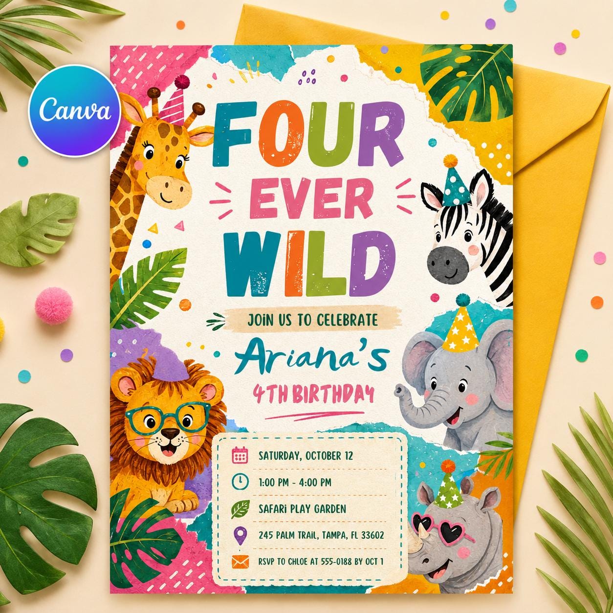 Editable Jungle Safari 4th invitation, Four Ever Wild Birthday, Safari 4th Birthday Invite Girl, Jungle Animal, Canva Template Printable __etsy:8057331844