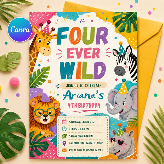 Editable Jungle Safari 4th invitation, Four Ever Wild Birthday, Safari 4th Birthday Invite Girl, Jungle Animal, Canva Template Printable __etsy:8057331844