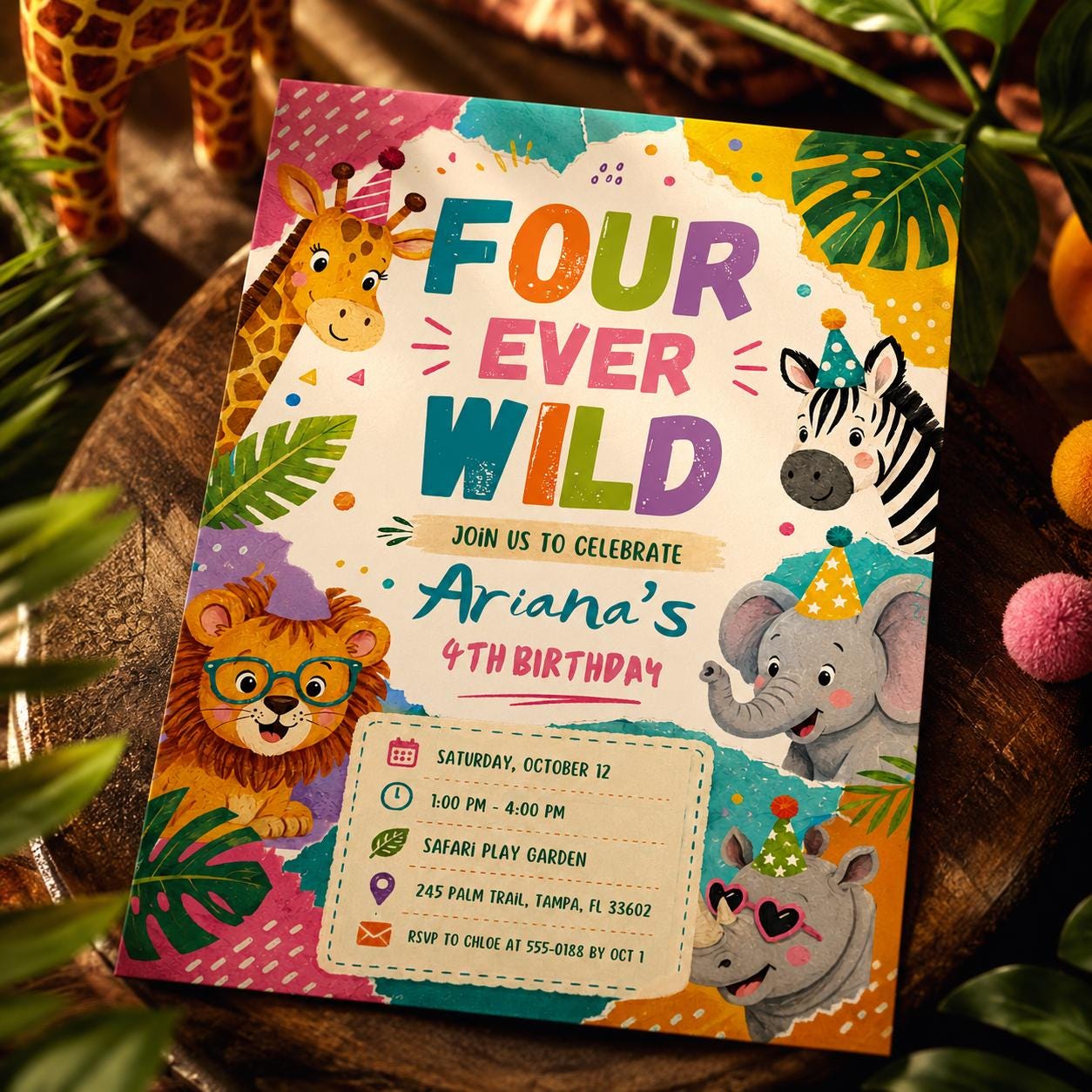 Editable Jungle Safari 4th invitation, Four Ever Wild Birthday, Safari 4th Birthday Invite Girl, Jungle Animal, Canva Template Printable __etsy:8105242499
