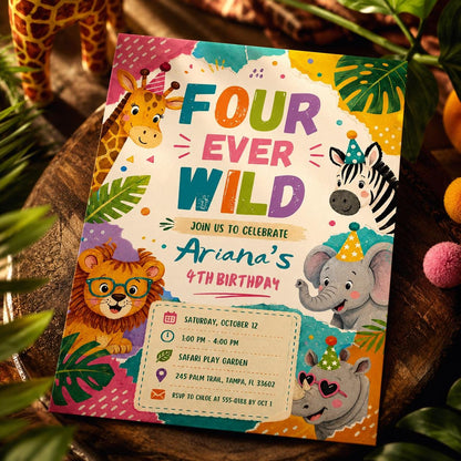 Editable Jungle Safari 4th invitation, Four Ever Wild Birthday, Safari 4th Birthday Invite Girl, Jungle Animal, Canva Template Printable __etsy:8105242499