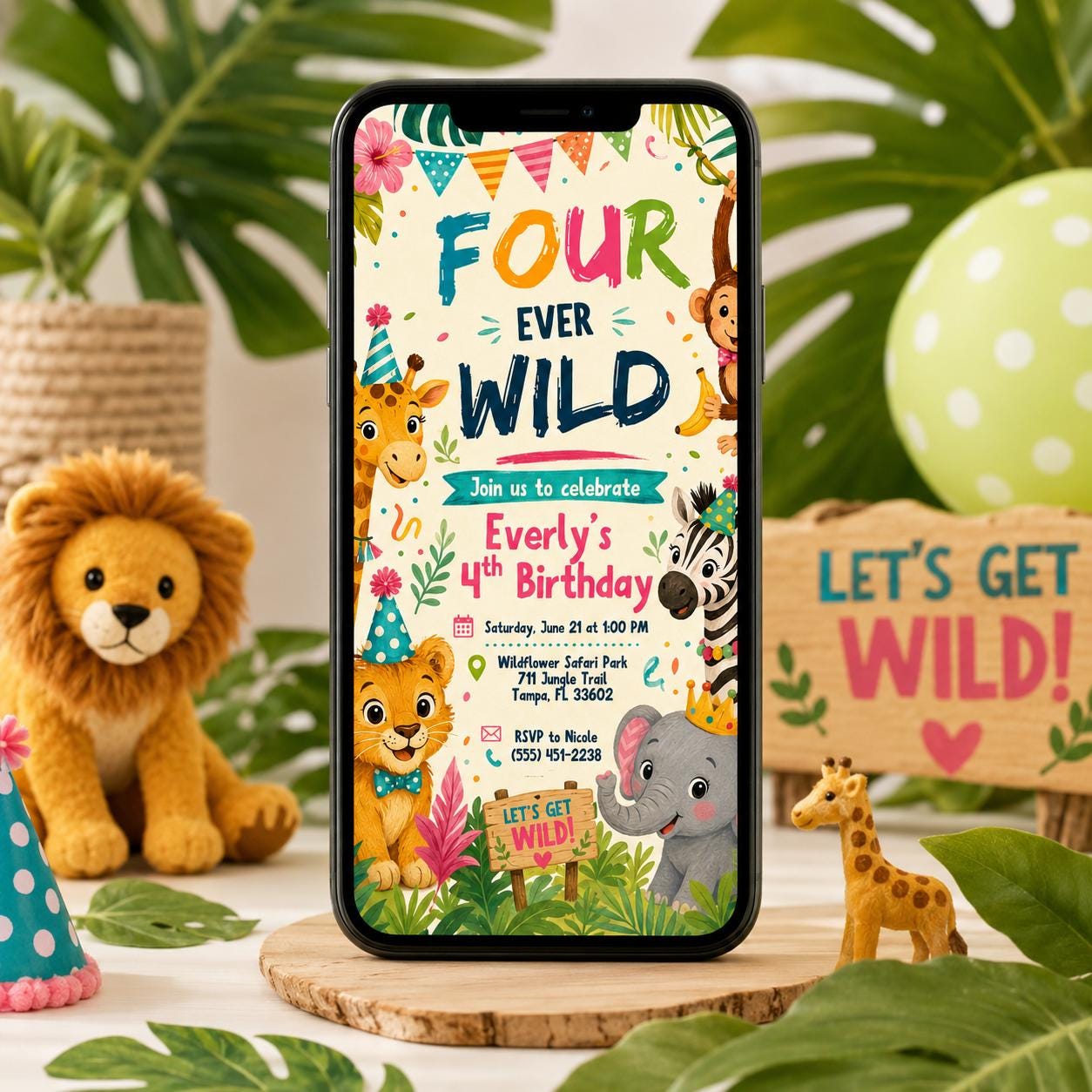 Editable Jungle Safari 4th invitation, Four Ever Wild Birthday, Safari 4th Birthday Invite Girl, Jungle Animal, Canva Template Printable __etsy:8097669287