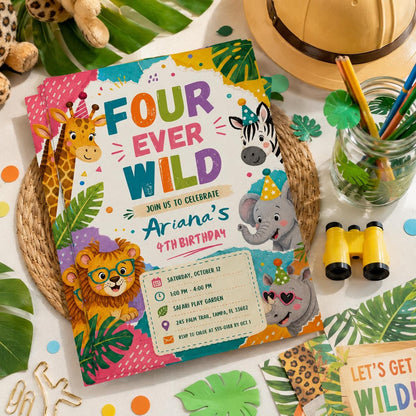 Editable Jungle Safari 4th invitation, Four Ever Wild Birthday, Safari 4th Birthday Invite Girl, Jungle Animal, Canva Template Printable __etsy:8057331848