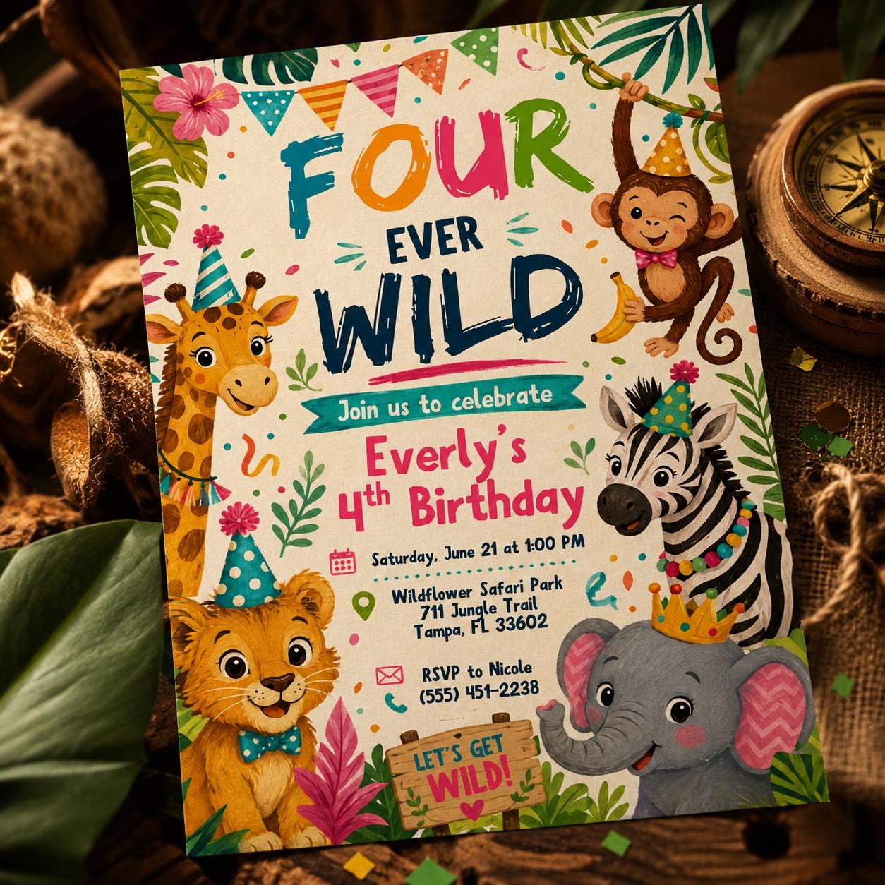 Editable Jungle Safari 4th invitation, Four Ever Wild Birthday, Safari 4th Birthday Invite Girl, Jungle Animal, Canva Template Printable __etsy:8049756340