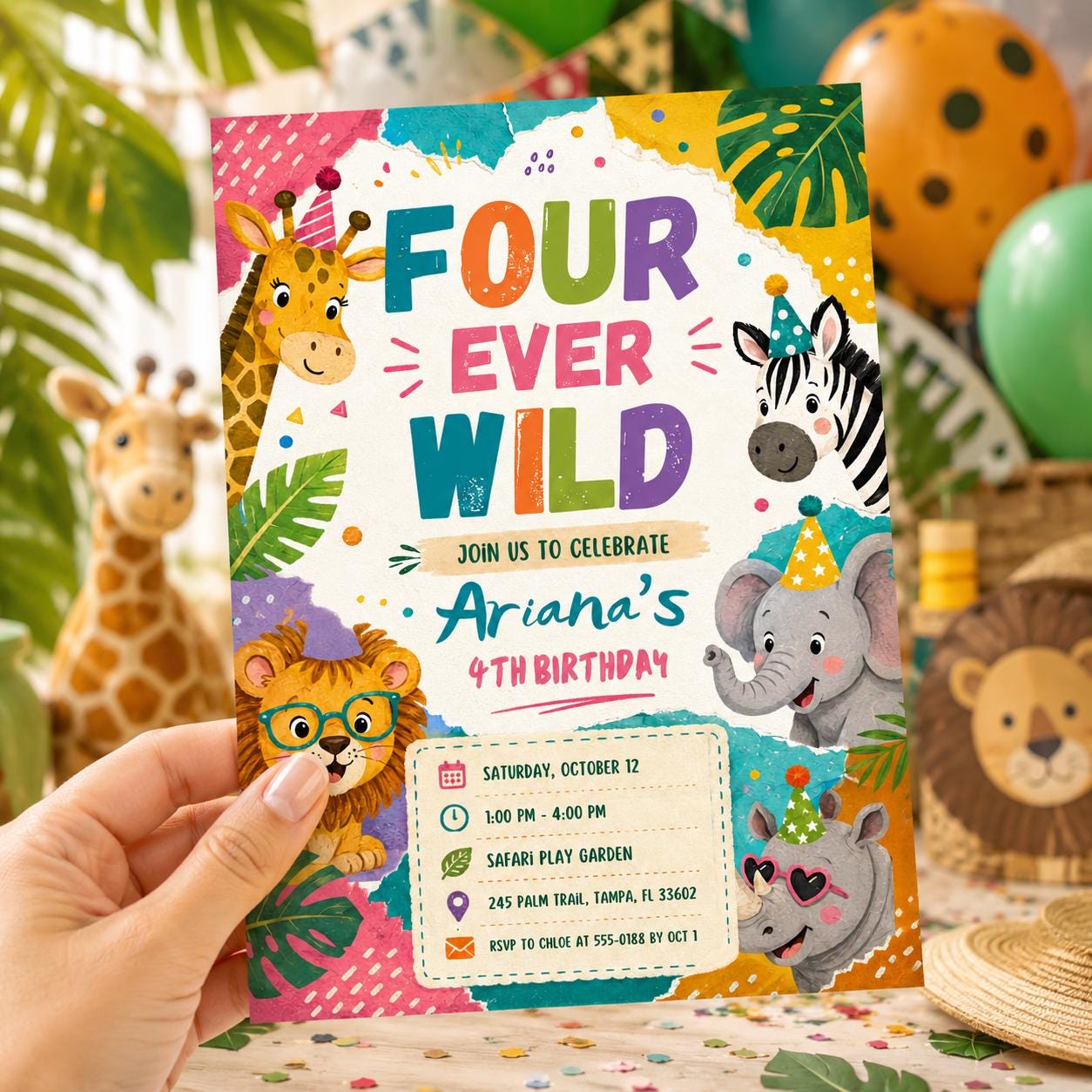 Editable Jungle Safari 4th invitation, Four Ever Wild Birthday, Safari 4th Birthday Invite Girl, Jungle Animal, Canva Template Printable __etsy:8105242573