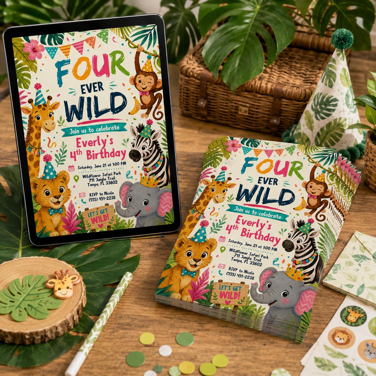 Editable Jungle Safari 4th invitation, Four Ever Wild Birthday, Safari 4th Birthday Invite Girl, Jungle Animal, Canva Template Printable __etsy:8097669337
