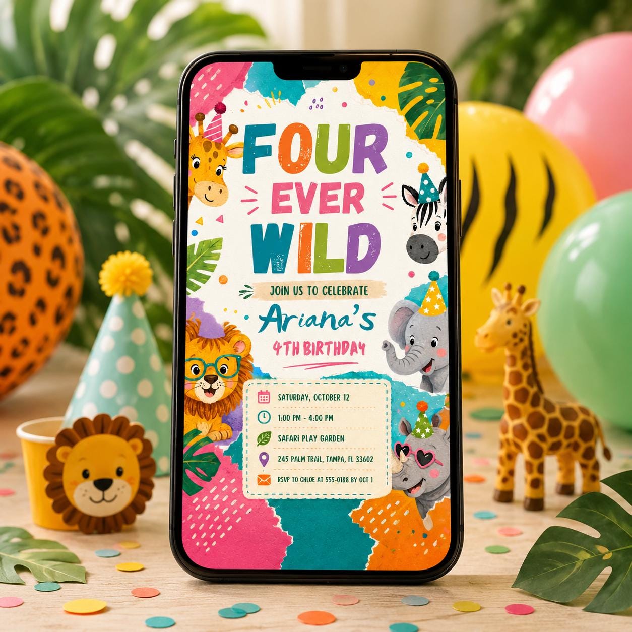 Editable Jungle Safari 4th invitation, Four Ever Wild Birthday, Safari 4th Birthday Invite Girl, Jungle Animal, Canva Template Printable __etsy:8105242543