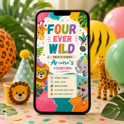 Editable Jungle Safari 4th invitation, Four Ever Wild Birthday, Safari 4th Birthday Invite Girl, Jungle Animal, Canva Template Printable __etsy:8105242543