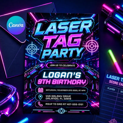 Editable Laser Tag Birthday Invitation, Neon Laser Tag Invite, Glow Laser Tag Party, Arcade Game Kids, NEON Laser party, Editable Canva __etsy:8008698580