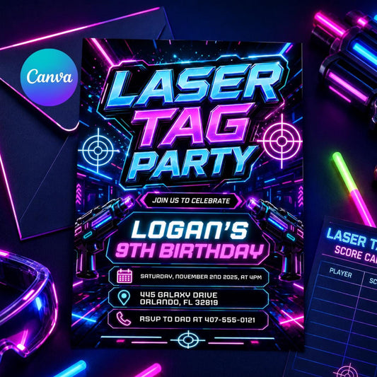Editable Laser Tag Birthday Invitation, Neon Laser Tag Invite, Glow Laser Tag Party, Arcade Game Kids, NEON Laser party, Editable Canva __etsy:8008698580