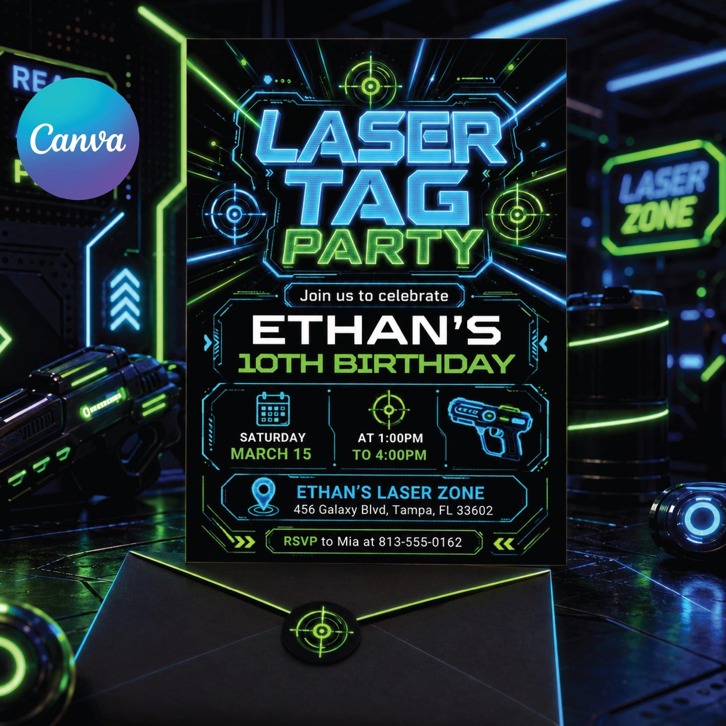 Editable Laser Tag Birthday Invitation, Neon Laser Tag Invite, Glow Laser Tag Party, Arcade Game Kids, NEON Laser party, Editable Canva __etsy:8011107964