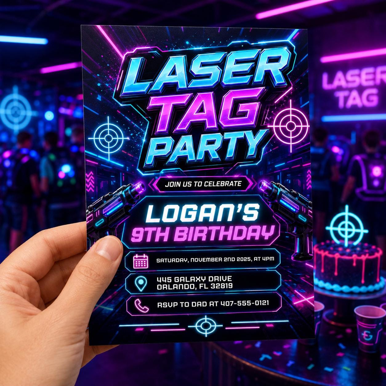 Editable Laser Tag Birthday Invitation, Neon Laser Tag Invite, Glow Laser Tag Party, Arcade Game Kids, NEON Laser party, Editable Canva __etsy:8008694886