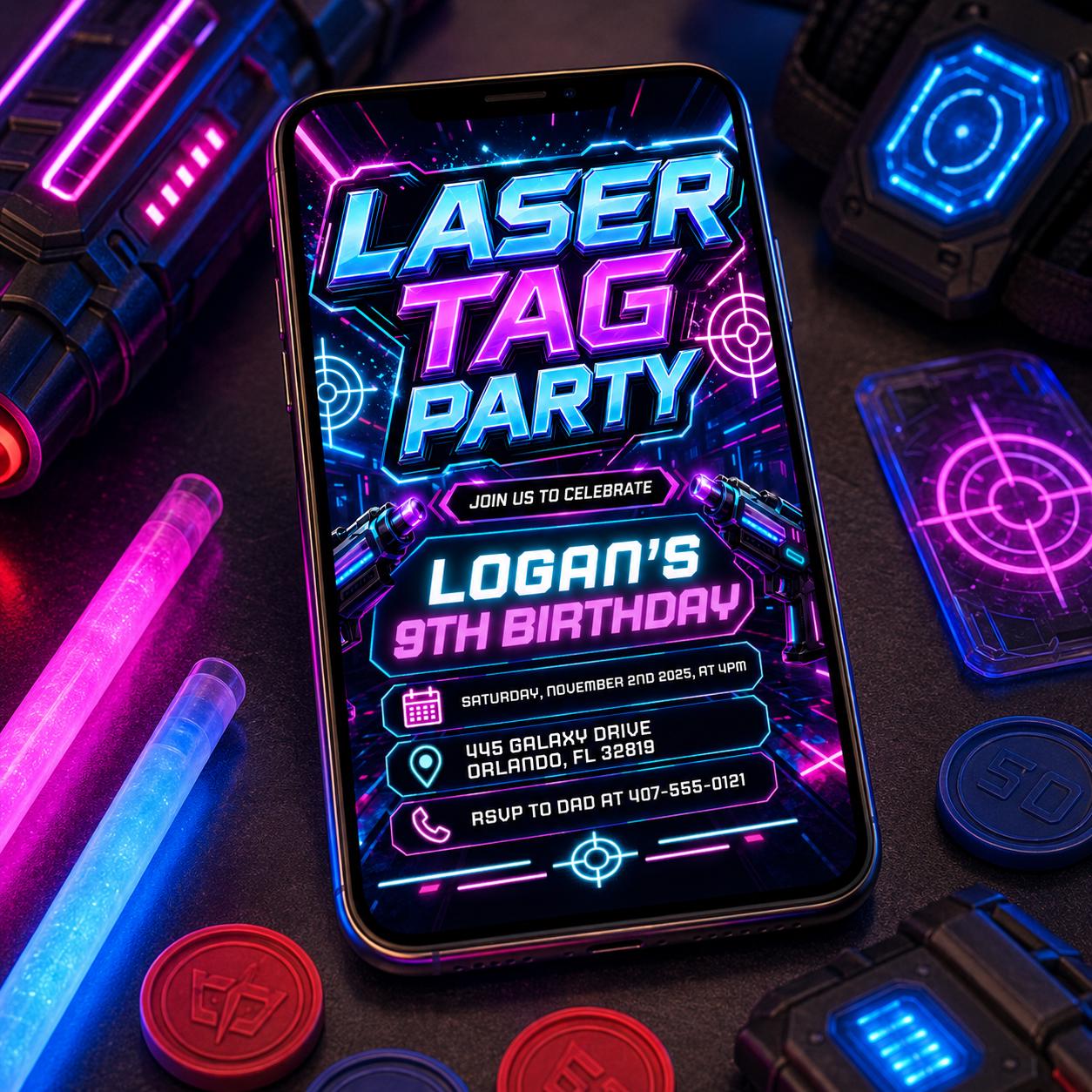 Editable Laser Tag Birthday Invitation, Neon Laser Tag Invite, Glow Laser Tag Party, Arcade Game Kids, NEON Laser party, Editable Canva __etsy:8056612483