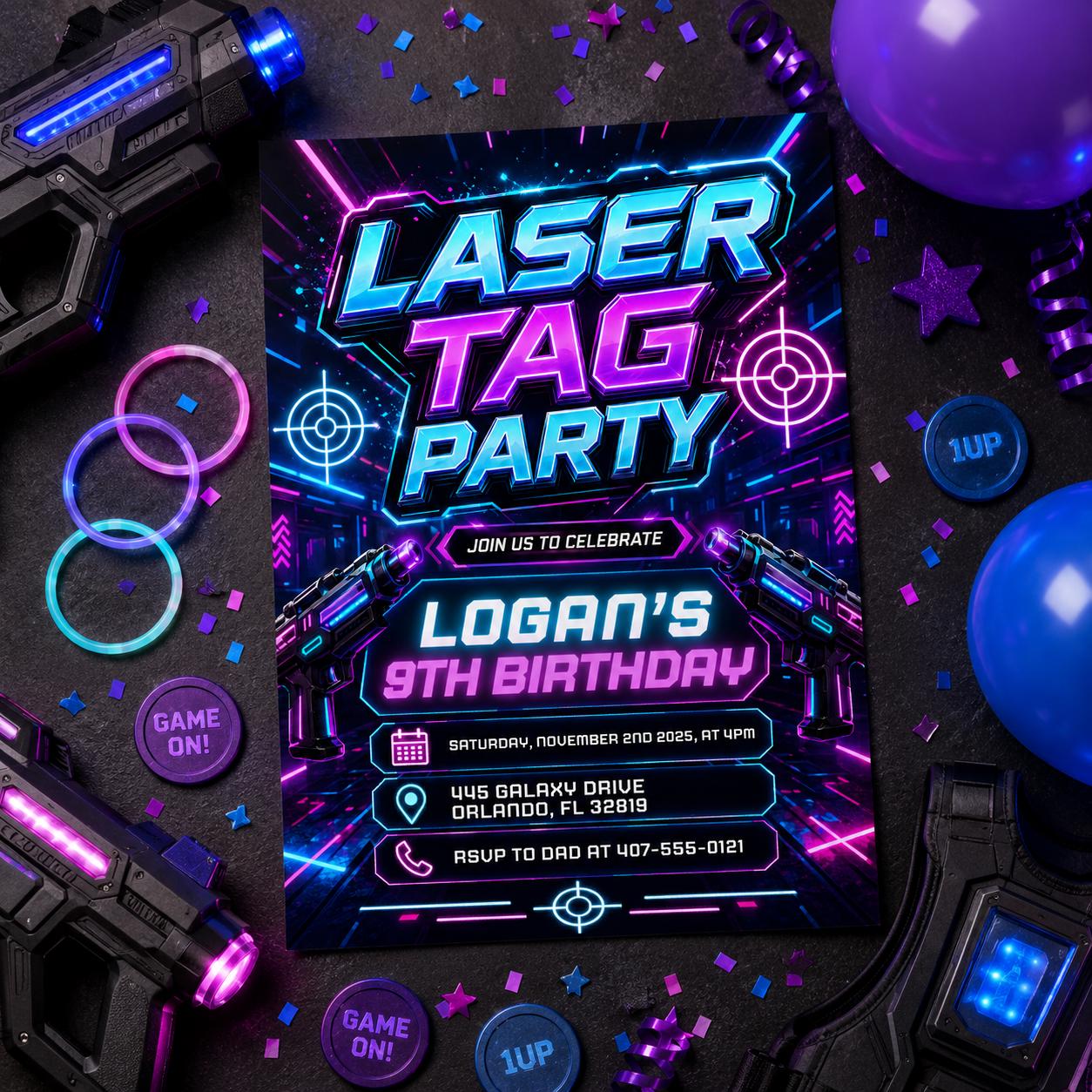 Editable Laser Tag Birthday Invitation, Neon Laser Tag Invite, Glow Laser Tag Party, Arcade Game Kids, NEON Laser party, Editable Canva __etsy:8056612567