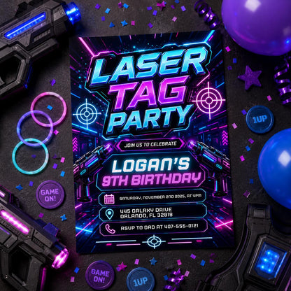 Editable Laser Tag Birthday Invitation, Neon Laser Tag Invite, Glow Laser Tag Party, Arcade Game Kids, NEON Laser party, Editable Canva __etsy:8056612567