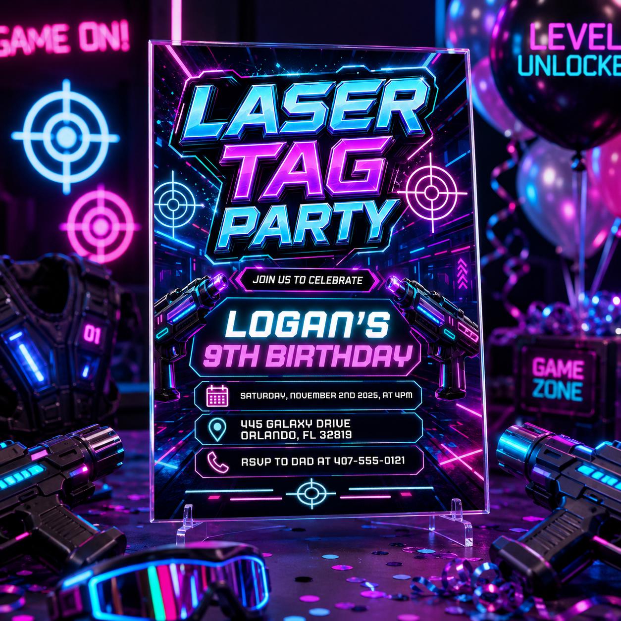 Editable Laser Tag Birthday Invitation, Neon Laser Tag Invite, Glow Laser Tag Party, Arcade Game Kids, NEON Laser party, Editable Canva __etsy:8008695174