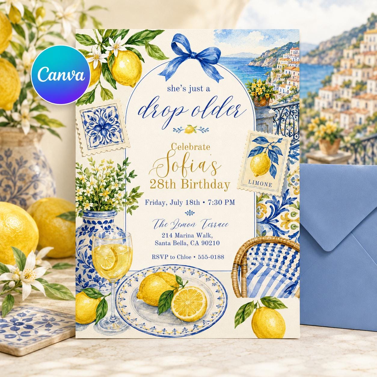 Editable Lemon Birthday Invitation, Just A Drop Older Birthday Invitation, Summer Lemon Drop Birthday Invite, Digital Canva Template __etsy:8064340464