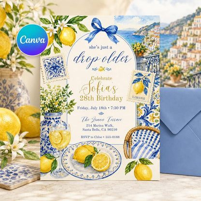 Editable Lemon Birthday Invitation, Just A Drop Older Birthday Invitation, Summer Lemon Drop Birthday Invite, Digital Canva Template __etsy:8064340464