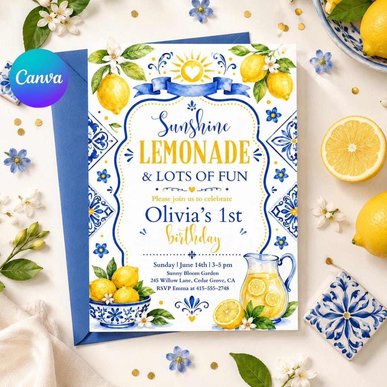 Editable Lemon 1st Birthday Invitation, Sunshine Lemonade And Fun Birthday, Citrus Birthday, Girl Summer Fruit Party, Editable Canva __etsy:8002347252