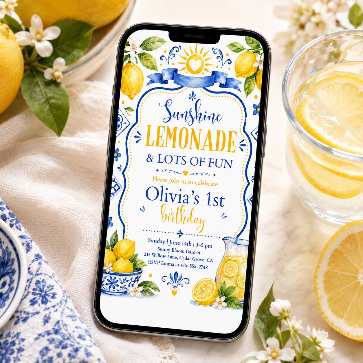 Editable Lemon 1st Birthday Invitation, Sunshine Lemonade And Fun Birthday, Citrus Birthday, Girl Summer Fruit Party, Editable Canva __etsy:8002344664