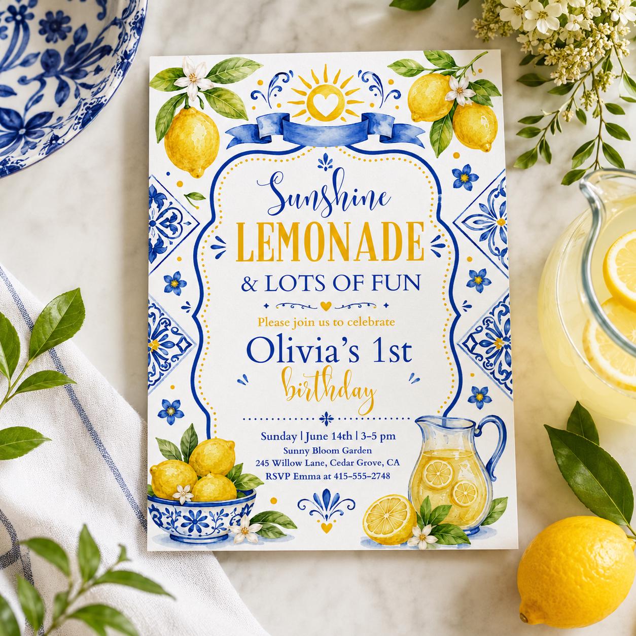 Editable Lemon 1st Birthday Invitation, Sunshine Lemonade And Fun Birthday, Citrus Birthday, Girl Summer Fruit Party, Editable Canva __etsy:8002344662