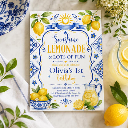 Editable Lemon 1st Birthday Invitation, Sunshine Lemonade And Fun Birthday, Citrus Birthday, Girl Summer Fruit Party, Editable Canva __etsy:8002344662