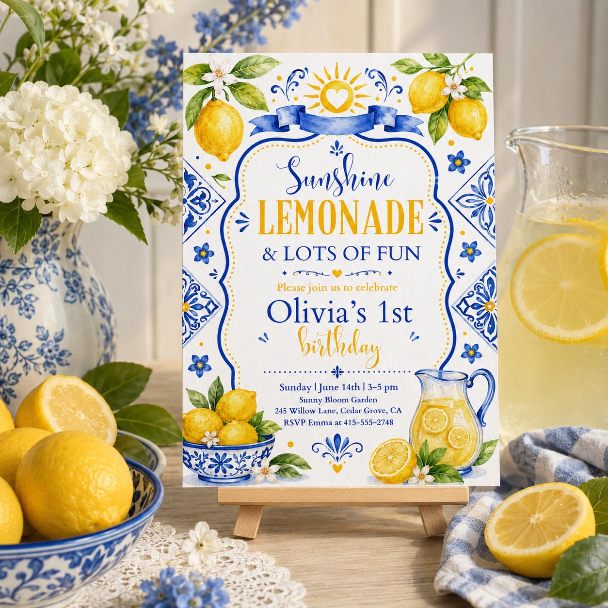 Editable Lemon 1st Birthday Invitation, Sunshine Lemonade And Fun Birthday, Citrus Birthday, Girl Summer Fruit Party, Editable Canva __etsy:8050271327