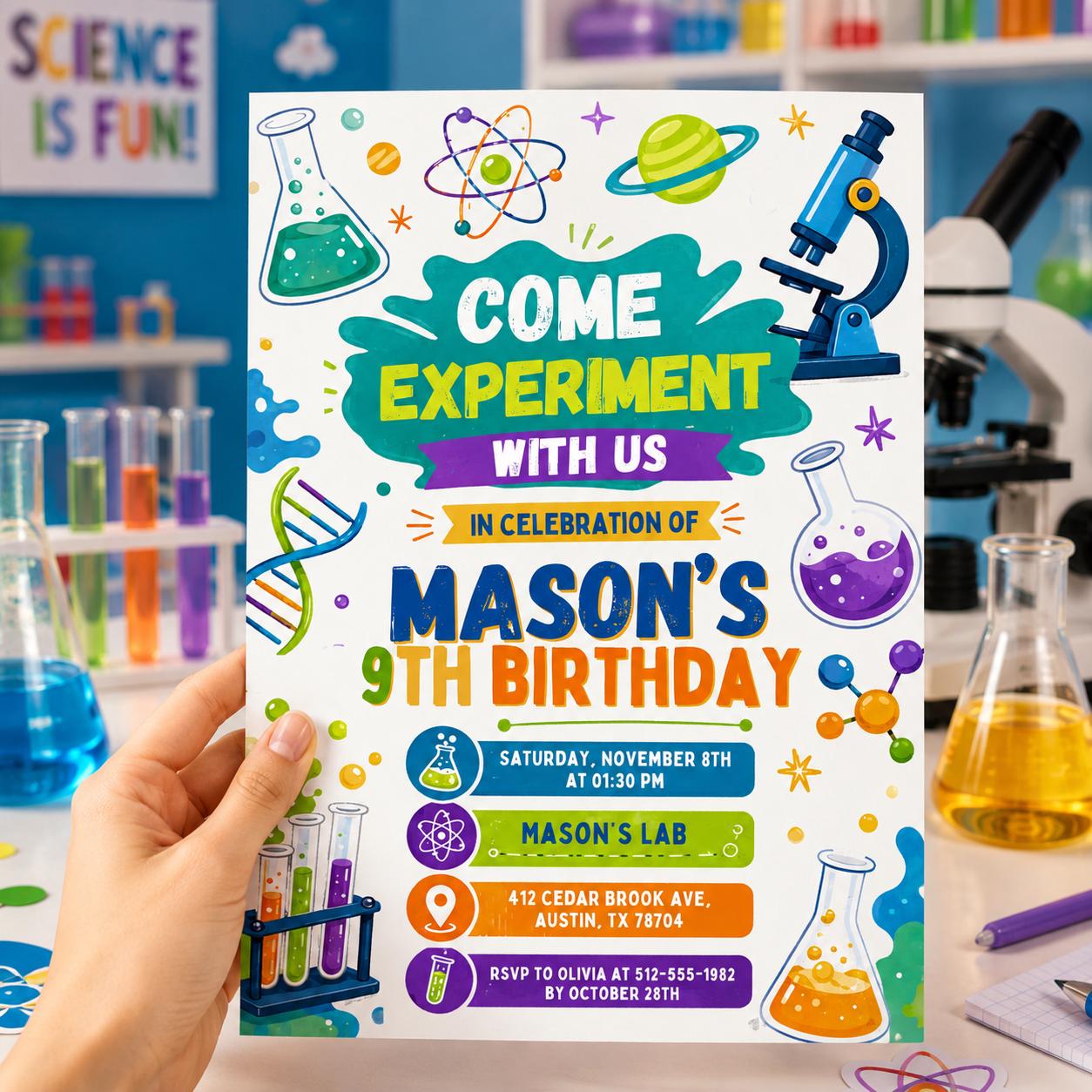 Editable Mad Science Experiment Birthday Invitation, Science Experiment Invitation, Boy Science Party, Editable Canva Template Science Party __etsy:8085858353