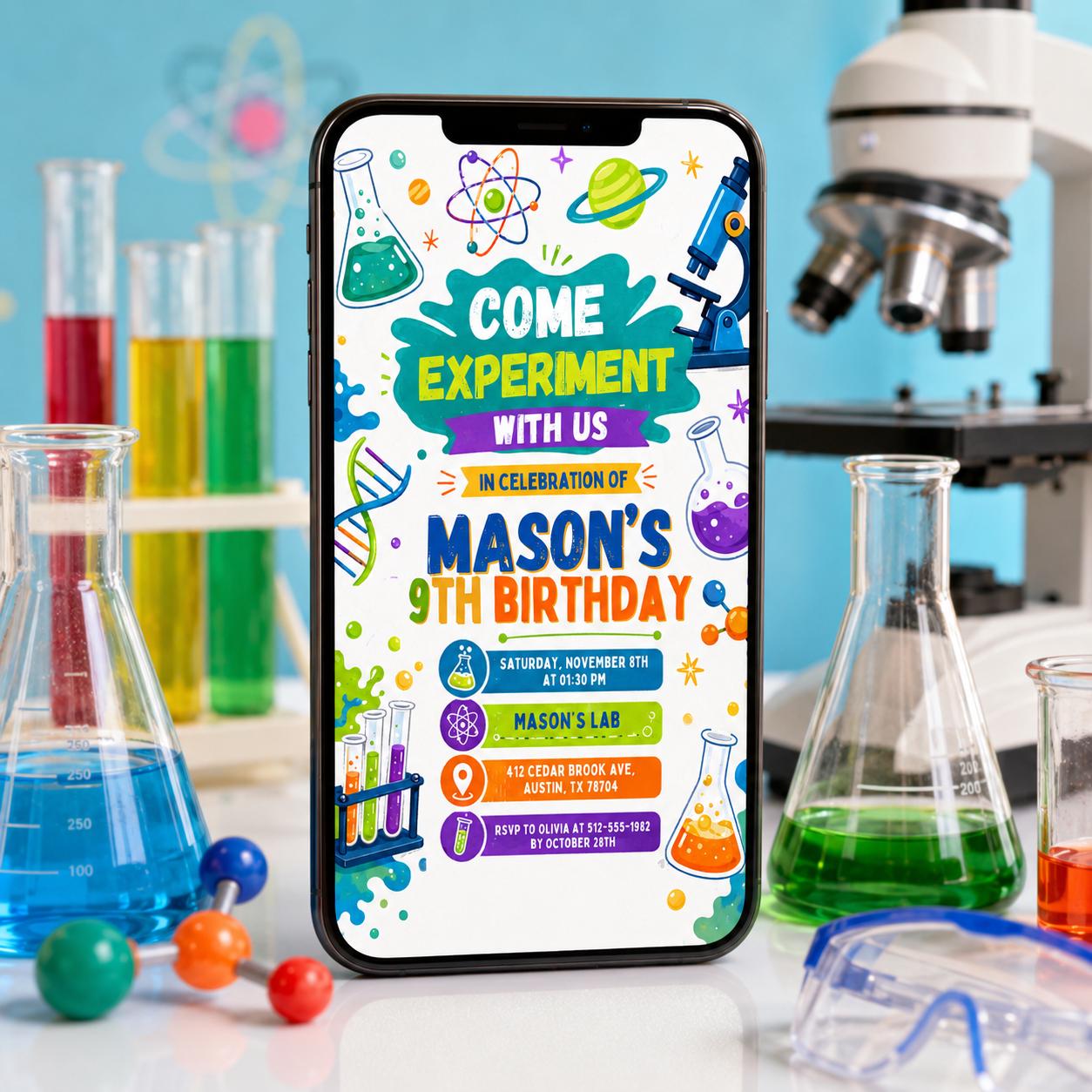 Editable Mad Science Experiment Birthday Invitation, Science Experiment Invitation, Boy Science Party, Editable Canva Template Science Party __etsy:8037943374