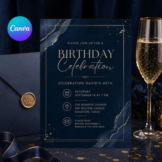 Editable Modern Black Gold Birthday Invite, Men's Digital Party Invite, Editable Birthday Invitation Template: Canva Digital Party Invite __etsy:8078504743