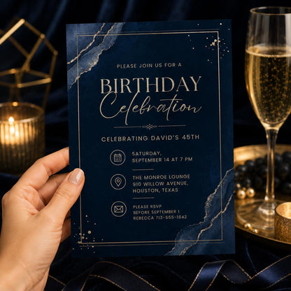 Editable Modern Black Gold Birthday Invite, Men's Digital Party Invite, Editable Birthday Invitation Template: Canva Digital Party Invite __etsy:8078499069
