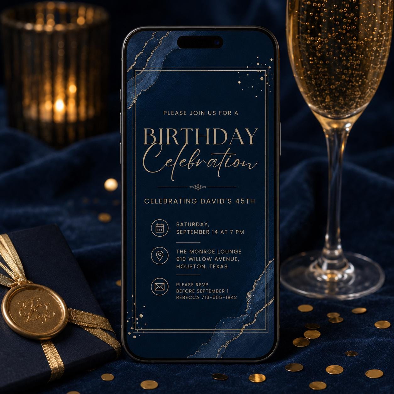Editable Modern Black Gold Birthday Invite, Men's Digital Party Invite, Editable Birthday Invitation Template: Canva Digital Party Invite __etsy:8030590634