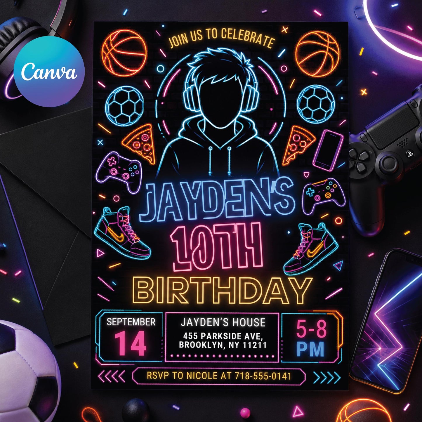 Editable Neon Game On Level Up Gaming Birthday Party Invitation, Video Game Birthday Invitation, Glow Game Party Printable Canva Template __etsy:8060082445
