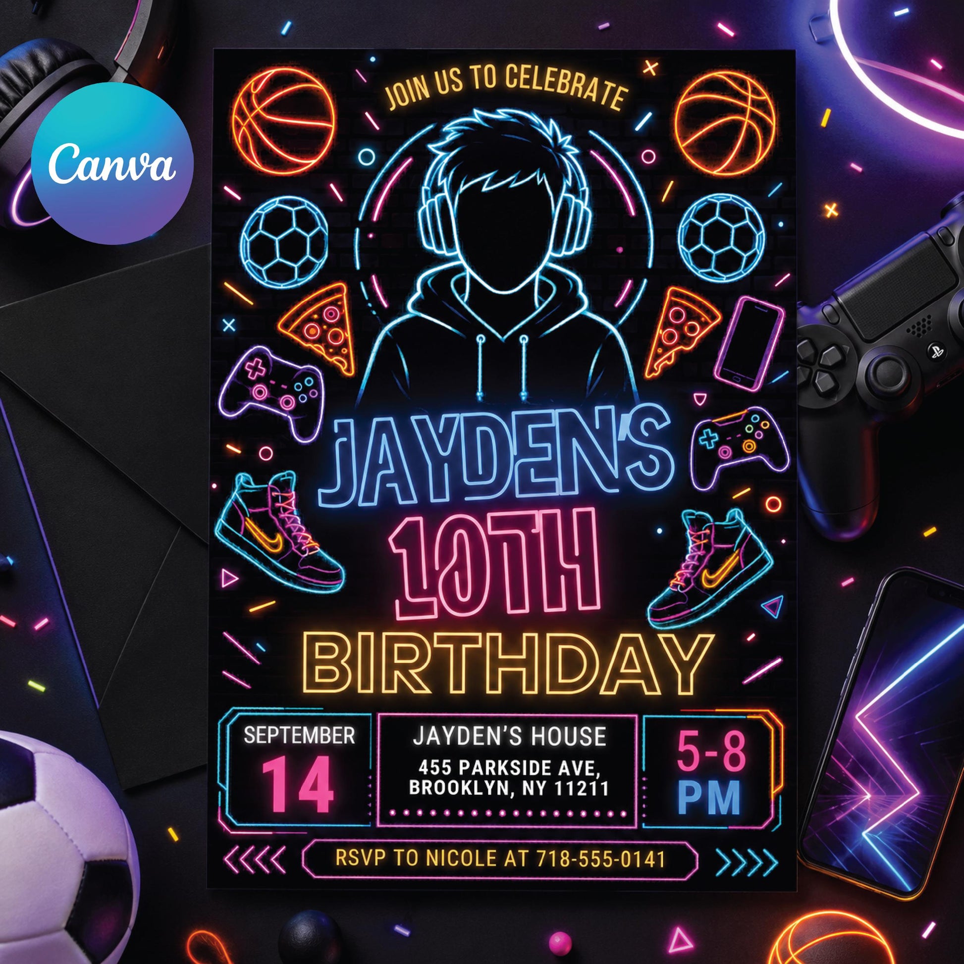Editable Neon Game On Level Up Gaming Birthday Party Invitation, Video Game Birthday Invitation, Glow Game Party Printable Canva Template __etsy:8060082445