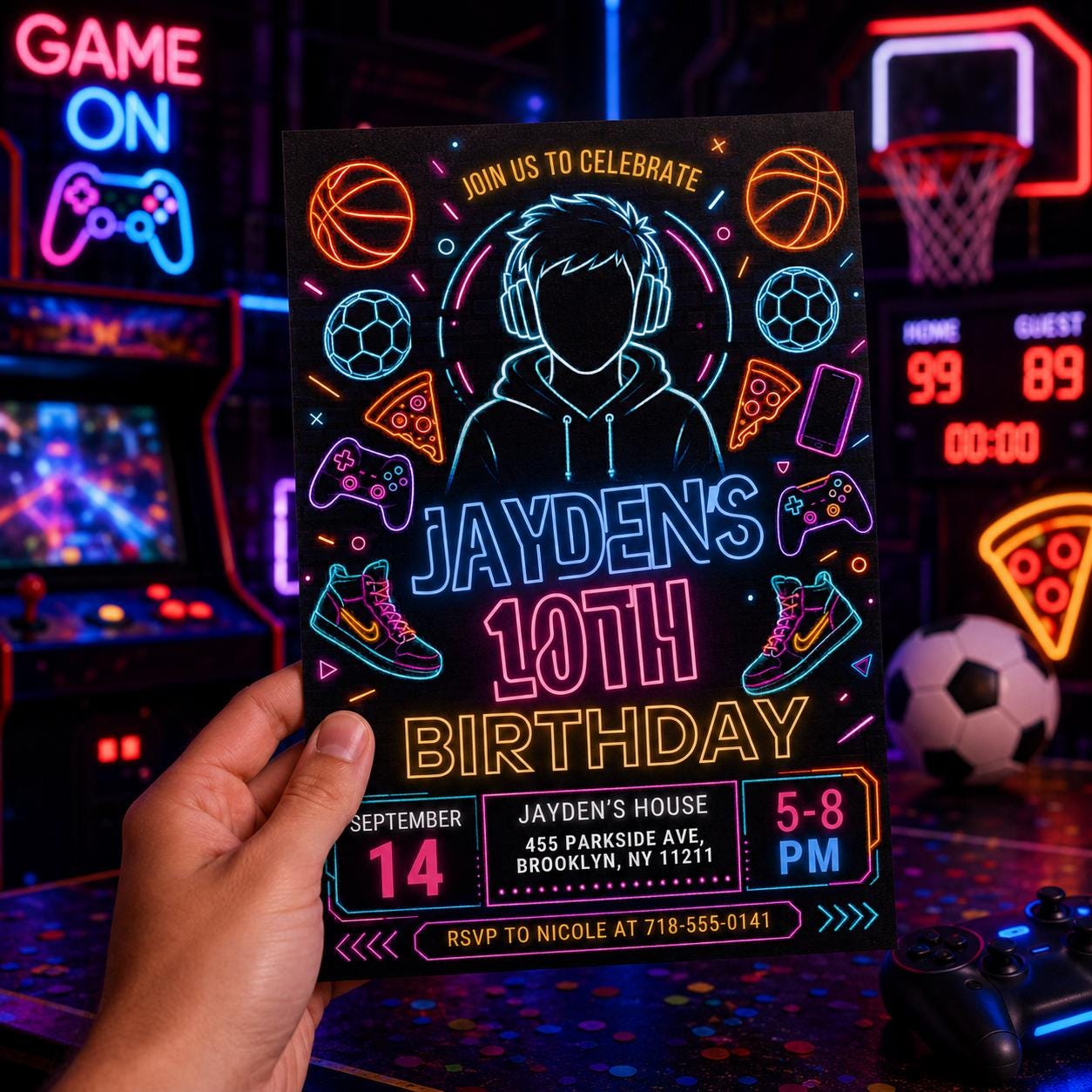 Editable Neon Game On Level Up Gaming Birthday Party Invitation, Video Game Birthday Invitation, Glow Game Party Printable Canva Template __etsy:8060068171