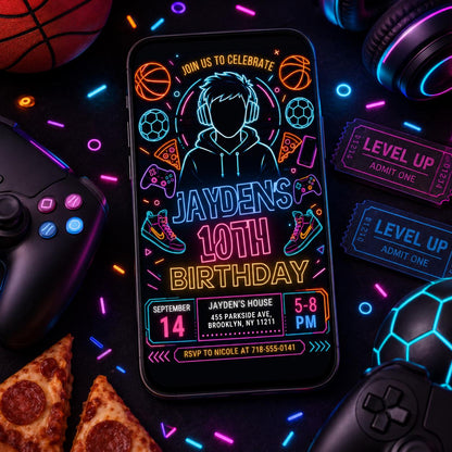 Editable Neon Game On Level Up Gaming Birthday Party Invitation, Video Game Birthday Invitation, Glow Game Party Printable Canva Template __etsy:8012157186