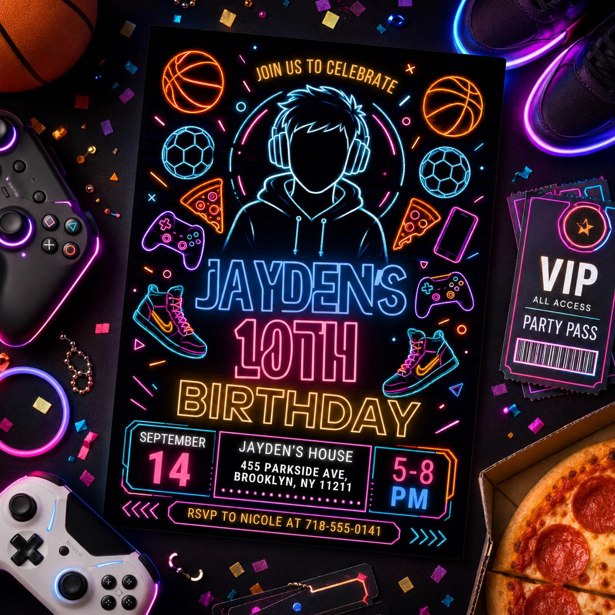 Editable Neon Game On Level Up Gaming Birthday Party Invitation, Video Game Birthday Invitation, Glow Game Party Printable Canva Template __etsy:8012157188