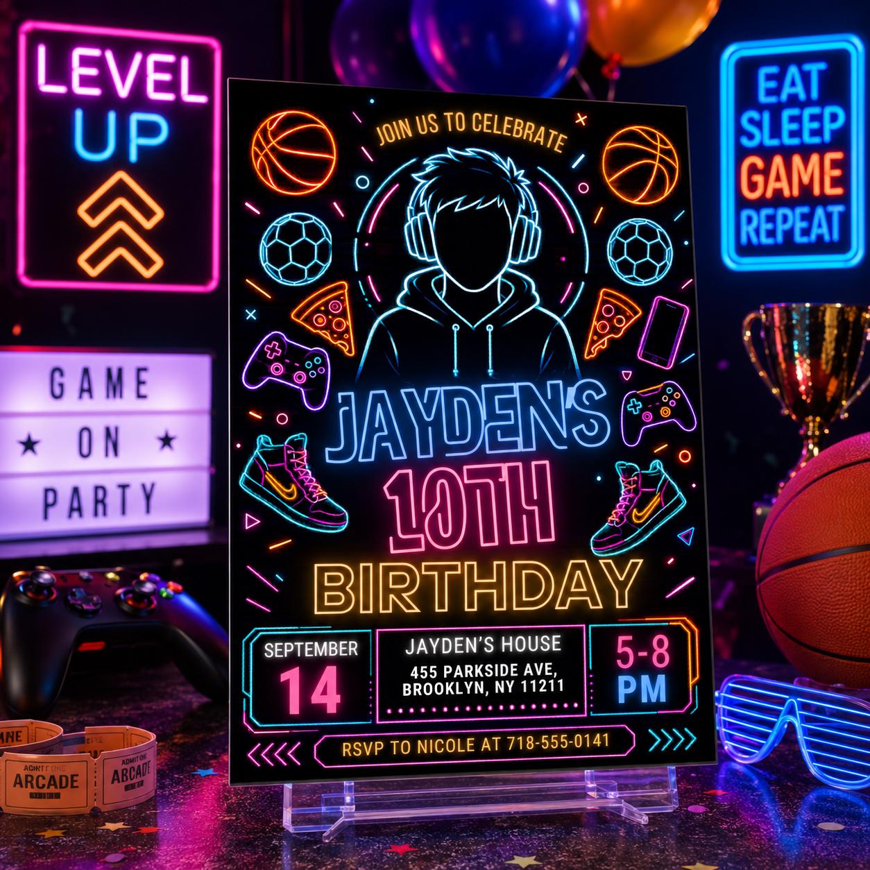 Editable Neon Game On Level Up Gaming Birthday Party Invitation, Video Game Birthday Invitation, Glow Game Party Printable Canva Template __etsy:8060068189