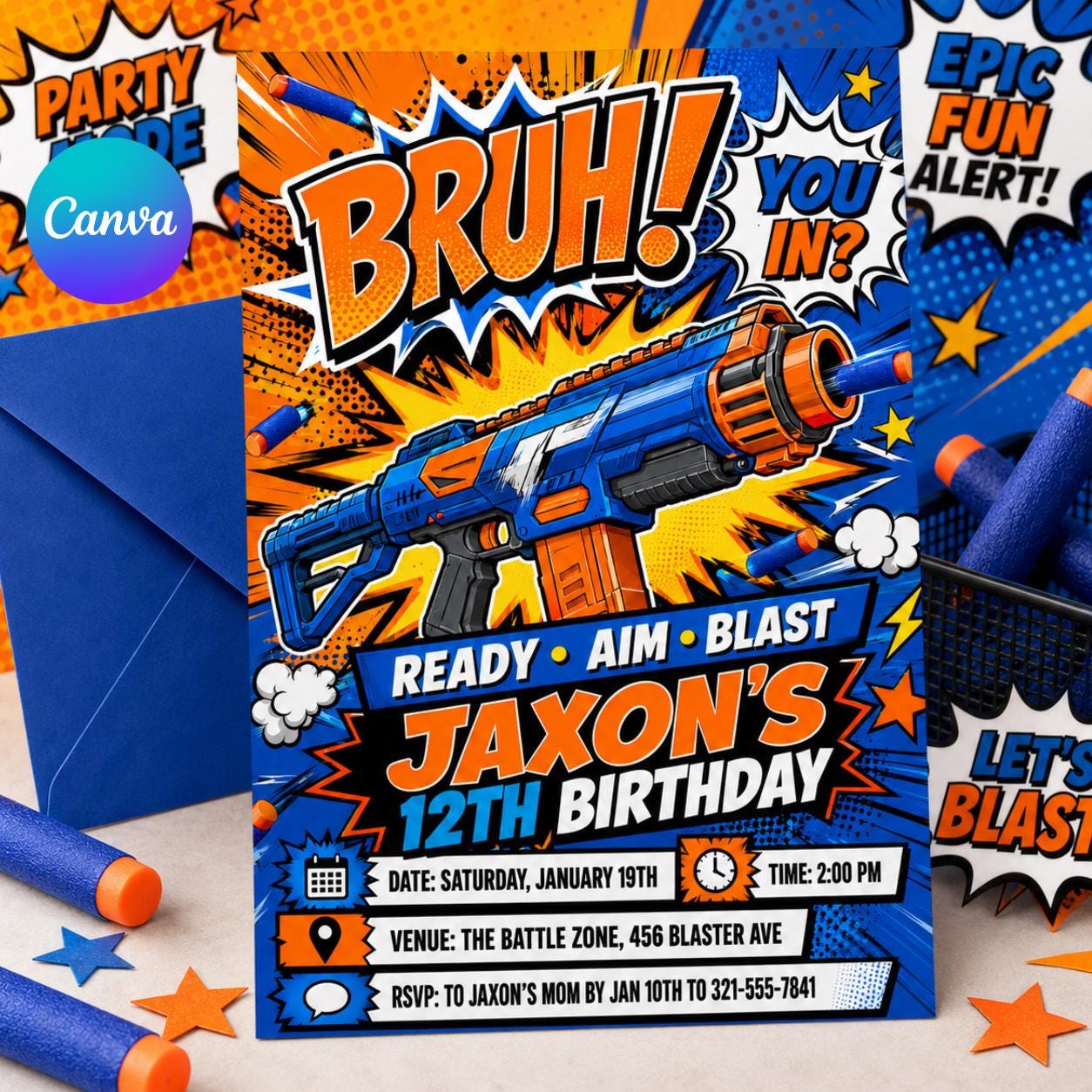 Editable Nerf Birthday Party Invitation Template, Nerf Invites, Nerf Dart Invitation, Boys Birthday Invite, Kids Birthday Invitation Canva __etsy:8032186074
