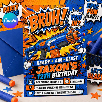 Editable Nerf Birthday Party Invitation Template, Nerf Invites, Nerf Dart Invitation, Boys Birthday Invite, Kids Birthday Invitation Canva __etsy:8032186074