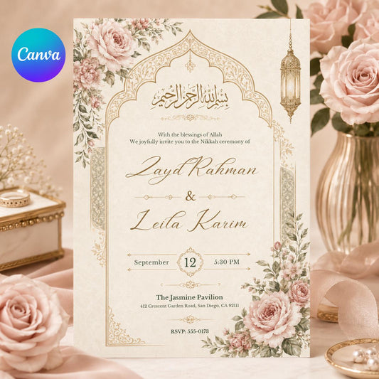 Editable Nikkah Invitation Canva Template, Islamic Wedding Invite, Floral Muslim Nikah Ceremony Digital Printable Evite Islamic Nikkah __etsy:8172006455