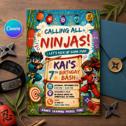Editable Ninja Birthday Invitation Canva Template, Ninja boys Invitation, Karate Boys Birthday Invite, Ninja Kids Party Invite, Canva __etsy:8097190861