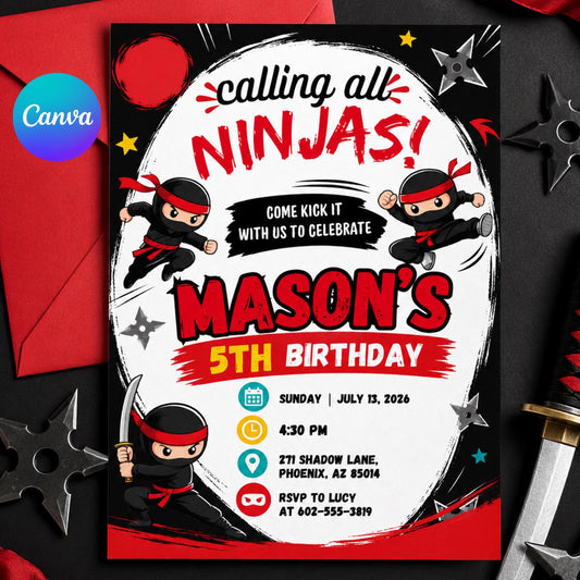 Editable Ninja Birthday Invitation Canva Template, Ninja boys Invitation, Karate Boys Birthday Invite, Ninja Kids Party Invite Digital __etsy:8080514167